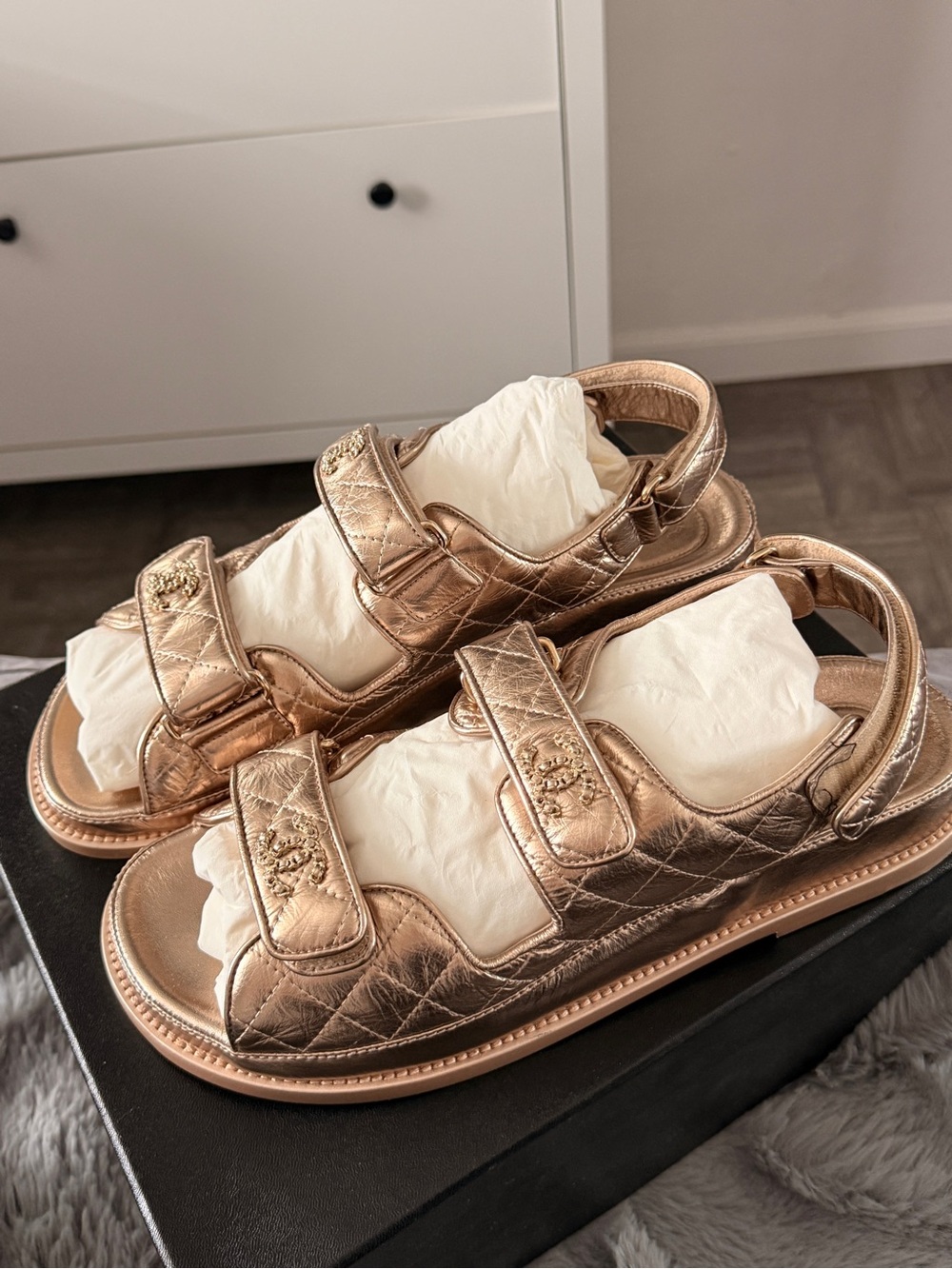 Chanel Light Bronze Quilted Lambskin Leather Dad Sandals Size 41